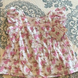 Pink and White Floral Blouse with Ruffled Neckline